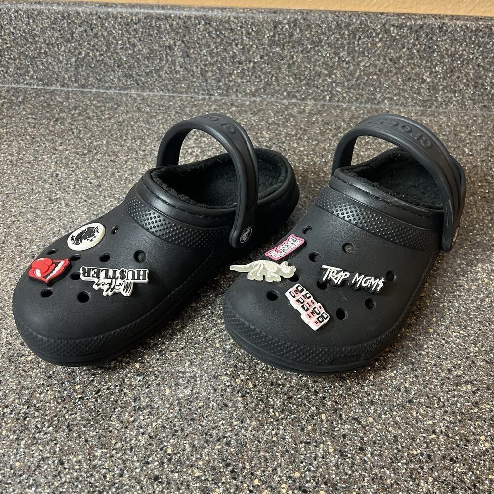 Crocs Dual Comfort Clogs Lined Women's 7 Black Slip On Shoes Mens 5 with Jibbitz